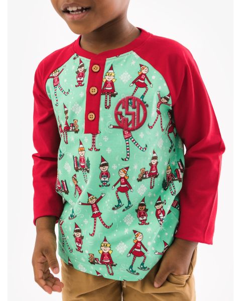 Elf Buddies Long Sleeve Raglan Henley Tee