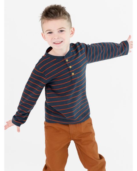 Navy & Rust Stripe Knit Long Sleeve Henley Tee