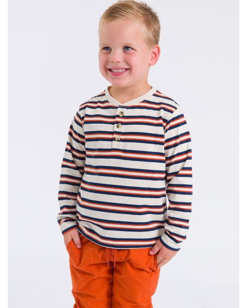 Heather Oatmeal & Rust Stripe Knit Long Sleeve Henley Tee