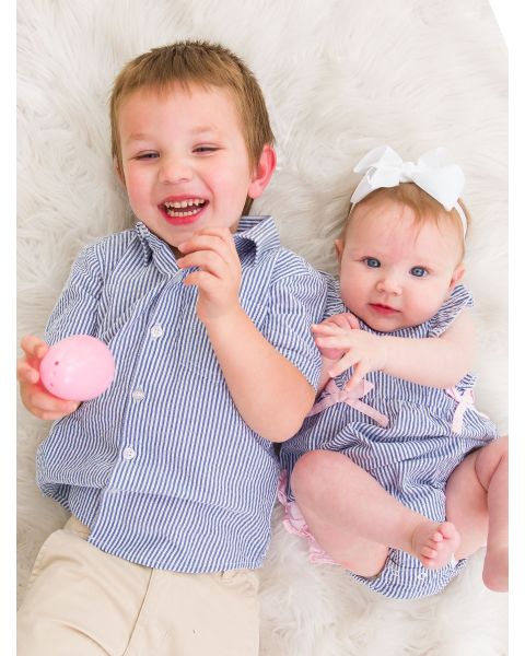 Classic Blue Seersucker Short Sleeve Button Down Shirt