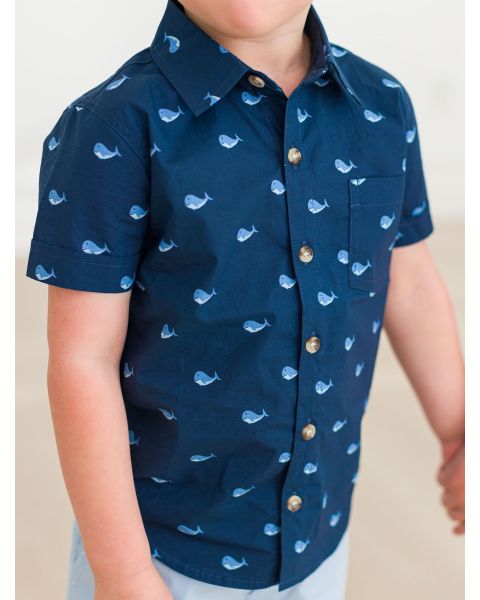 Blue Whales Short Sleeve Button Down Shirt