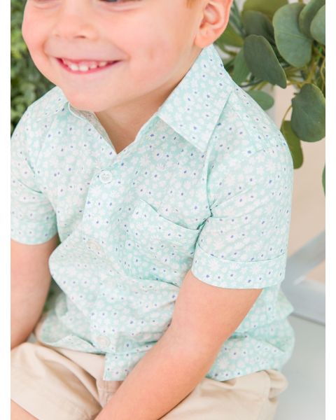 Mint Daisies Short Sleeve Button Down Shirt