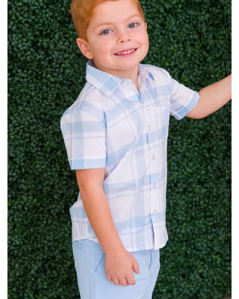 Light Blue Windowpane Short Sleeve Button Down Shirt