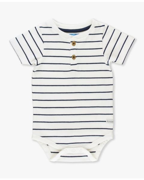 White & Navy Stripe Short Sleeve Henley Bodysuit