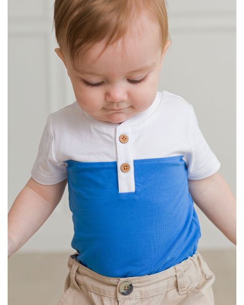 White & Blue Color Block Short Sleeve Knit Henley Bodysuit