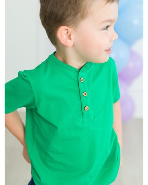 Green Short Sleeve Knit Henley