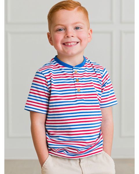 Red White & Blue Stripe Short Sleeve Knit Henley