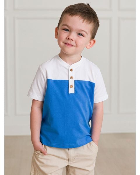 White & Blue Color Block Short Sleeve Knit Henley