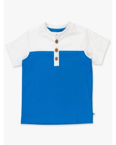 White & Blue Color Block Short Sleeve Knit Henley