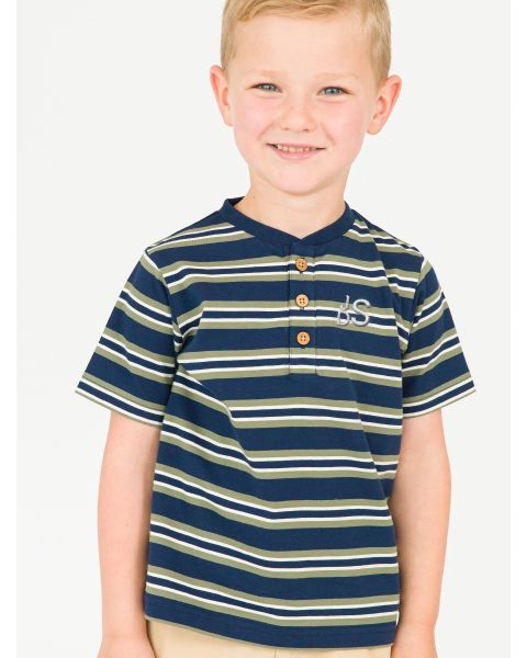 Dark Navy & Olive Stripe Short Sleeve Knit Henley