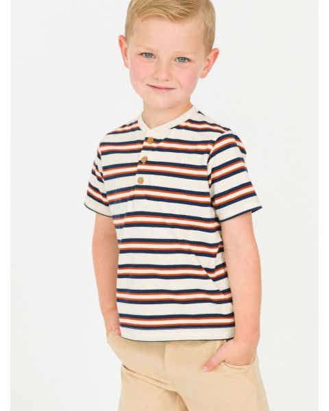 Heather Oatmeal & Rust Stripe Short Sleeve Knit Henley