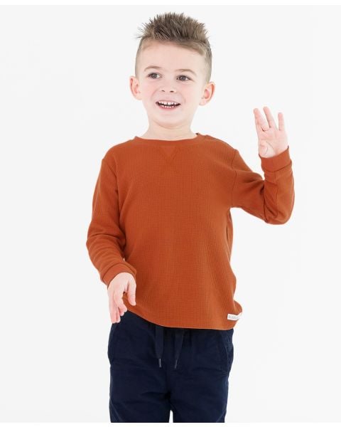 Rust Waffle Knit Long Sleeve Crew Neck Shirt