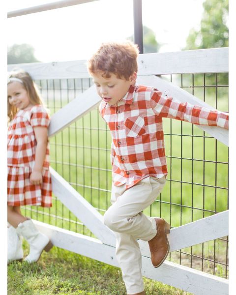 Rust Plaid Long Sleeve Button Down Shirt