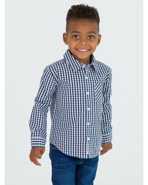 Dark Navy Gingham Long Sleeve Button Down Shirt