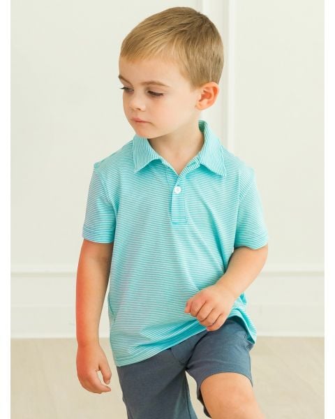 Bright Aqua Micro Stripe Knit Short Sleeve Performance Polo