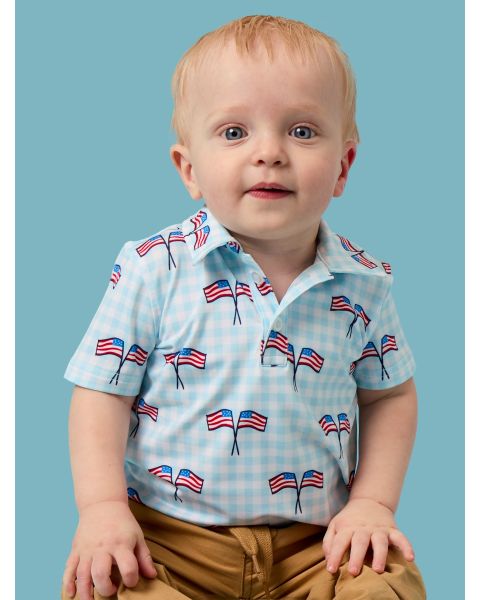 Blue Patriotic Gingham Knit Short Sleeve Performance Polo