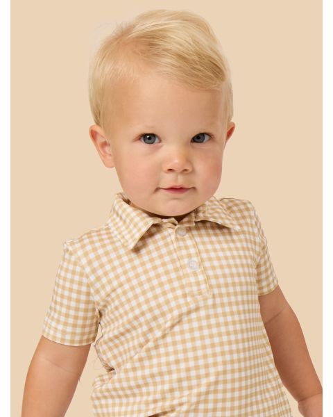 Khaki Micro Gingham Knit Short Sleeve Performance Polo