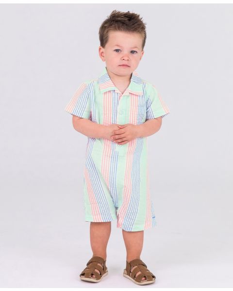 Multi-color Seersucker Short Sleeve Woven Button-Up Romper