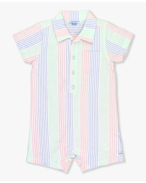 Multi-color Seersucker Short Sleeve Woven Button-Up Romper