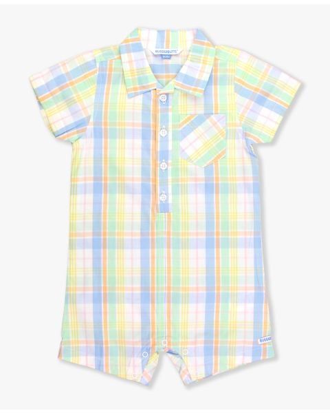 Clubhouse Rainbow Plaid Short Sleeve Woven Button-Up Romper
