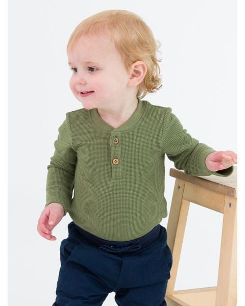 Dusty Olive Waffle Knit Henley Bodysuit