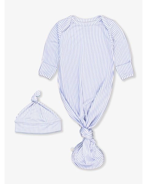 Periwinkle & White Micro Stripe Knotted Sleep Gown & Hat Set