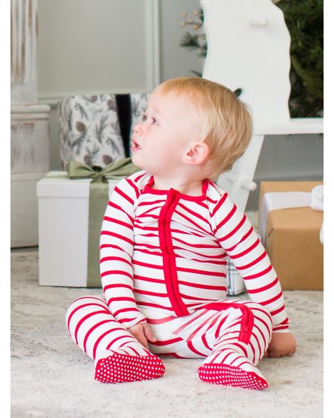 Red & White Stripe One Piece Footie Pajamas, Modal Blend