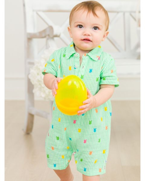Green Bunny Stripe Cotton Gauze Button-Up Romper