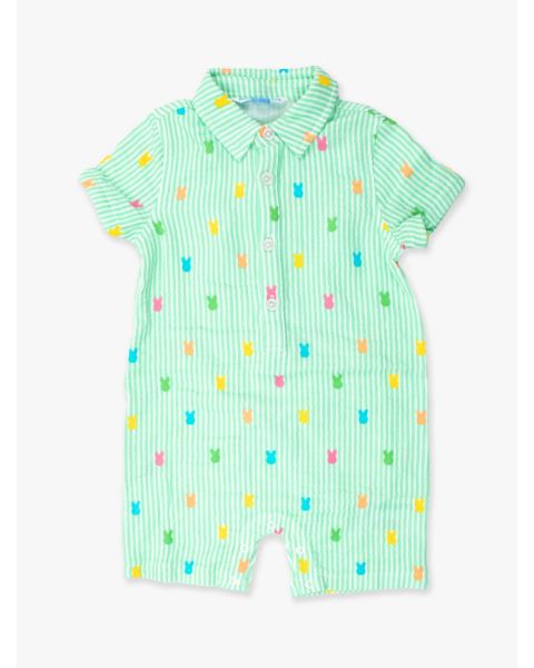 Green Bunny Stripe Cotton Gauze Button-Up Romper