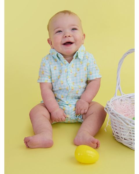Chirping Chicks Gingham Cotton Gauze Button-Up Romper
