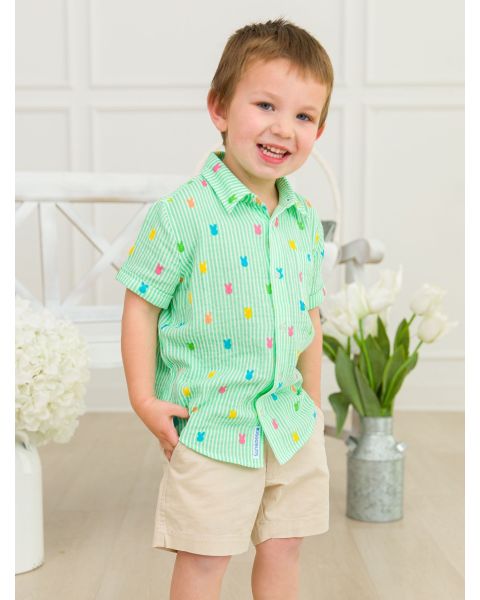 Green Bunny Stripe Cotton Gauze Short Sleeve Button Down Shirt