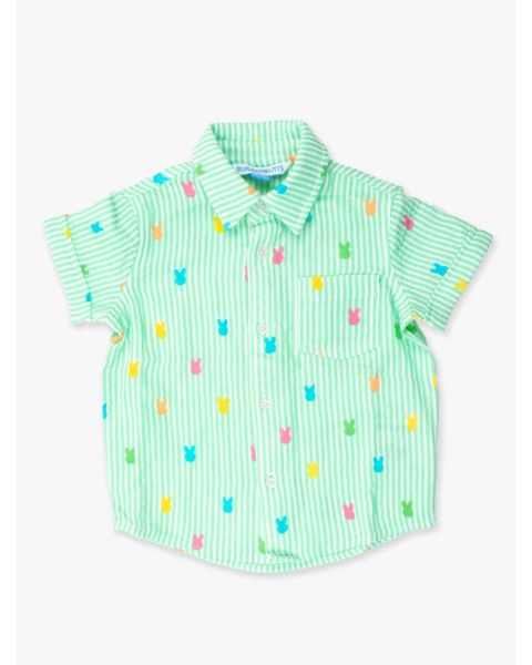 Green Bunny Stripe Cotton Gauze Short Sleeve Button Down Shirt