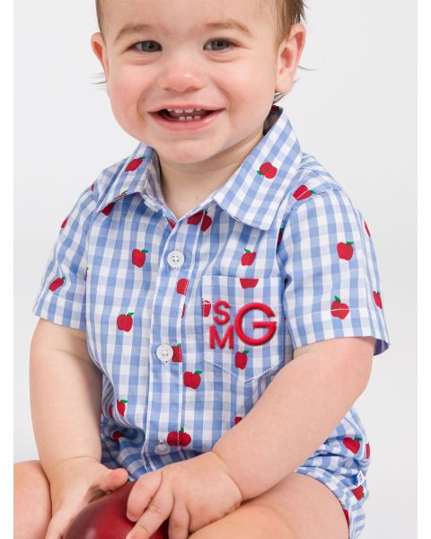 Apple Orchard Classic Gingham Woven Short Sleeve Button-Up Romper
