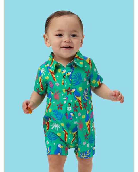 Parrot Palms Woven Short Sleeve Button-Up Romper