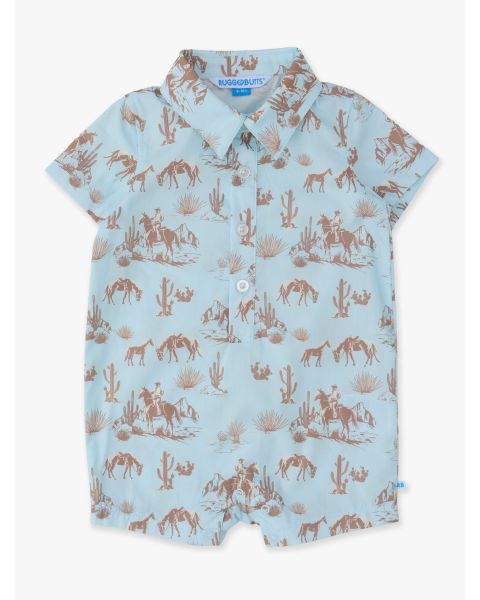 Blue Trail Toile Woven Short Sleeve Button-Up Romper