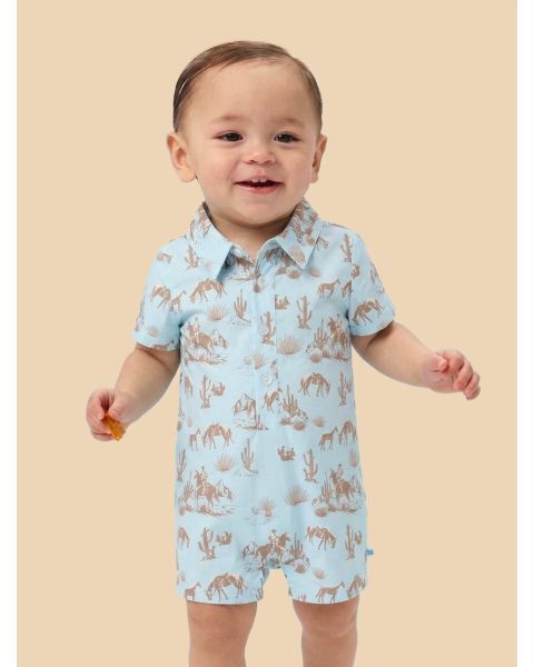 Blue Trail Toile Woven Short Sleeve Button-Up Romper