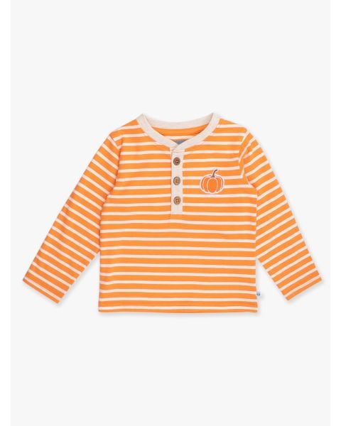 Pumpkin Orange Stripe Knit Long Sleeve Embroidered Henley Tee