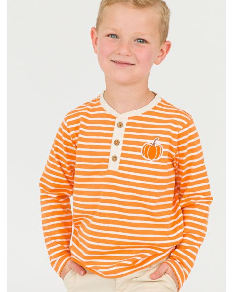 Pumpkin Orange Stripe Knit Long Sleeve Embroidered Henley Tee