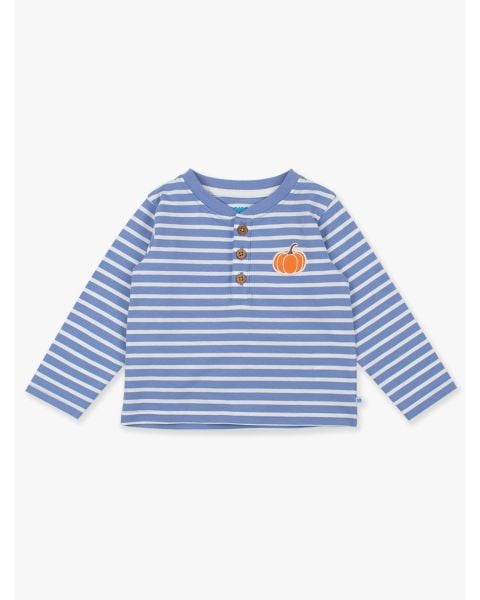 Pumpkin Periwinkle Blue Stripe Knit Long Sleeve Embroidered Henley Tee