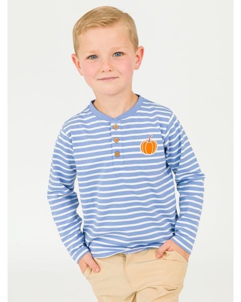 Pumpkin Periwinkle Blue Stripe Knit Long Sleeve Embroidered Henley Tee