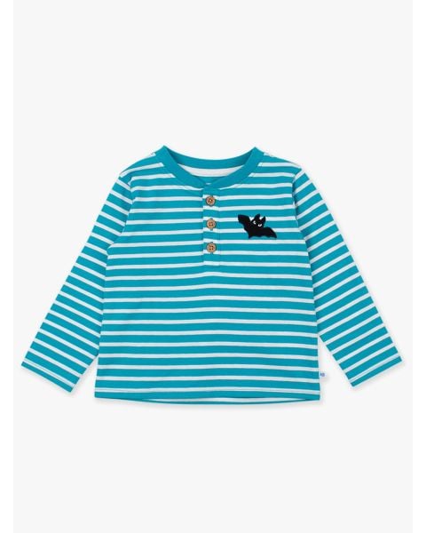 Bat Aqua & White Stripe Knit Long Sleeve Embroidered Henley Tee