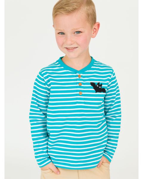 Bat Aqua & White Stripe Knit Long Sleeve Embroidered Henley Tee