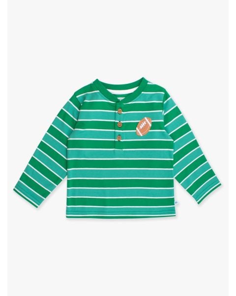 Football Green Stripe Knit Long Sleeve Embroidered Henley Tee
