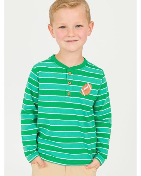 Football Green Stripe Knit Long Sleeve Embroidered Henley Tee