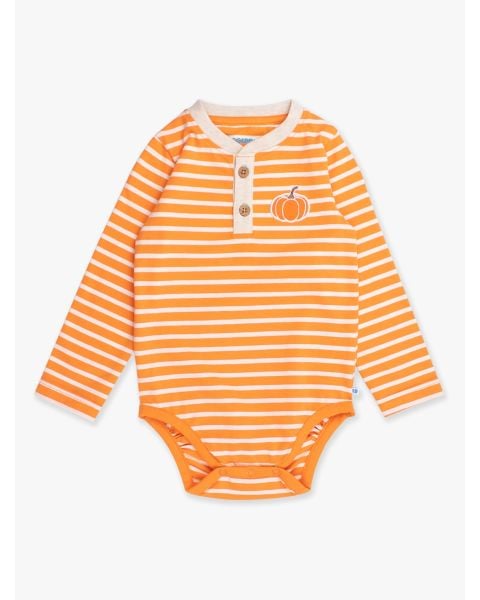 Pumpkin Orange Stripe Knit Long Sleeve Embroidered Henley Bodysuit