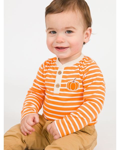 Pumpkin Orange Stripe Knit Long Sleeve Embroidered Henley Bodysuit