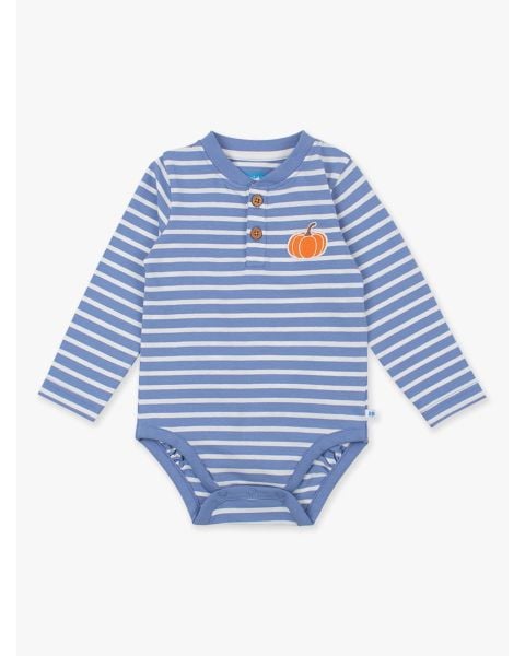 Pumpkin Periwinkle Blue Stripe Knit Long Sleeve Embroidered Henley Bodysuit