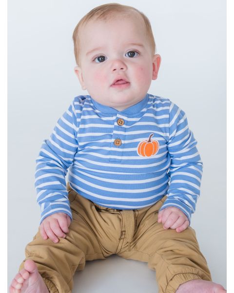 Pumpkin Periwinkle Blue Stripe Knit Long Sleeve Embroidered Henley Bodysuit