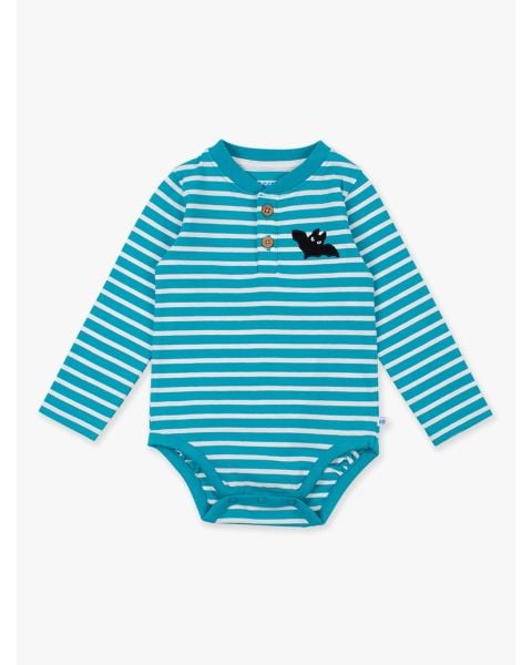 Bat Aqua & White Stripe Knit Long Sleeve Embroidered Henley Bodysuit