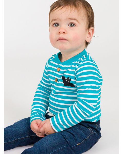 Bat Aqua & White Stripe Knit Long Sleeve Embroidered Henley Bodysuit